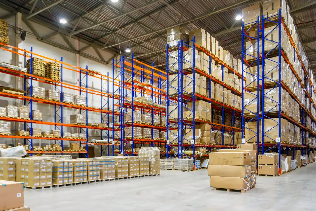 Modern warehouse with organized storage systems and fulfillment operations